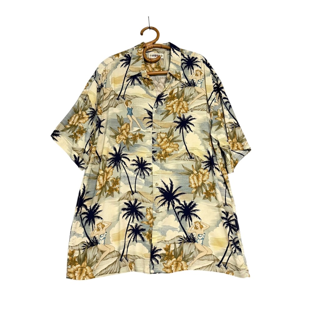 Vintage | Campia Moda | Pinup Girl Tropical Palm Tree Print Shirt XL 100% Rayon